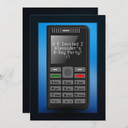 Invitation Bleu avec Téléphone cellulaire Ado Anniversaire Fê (Devant / Derrière)