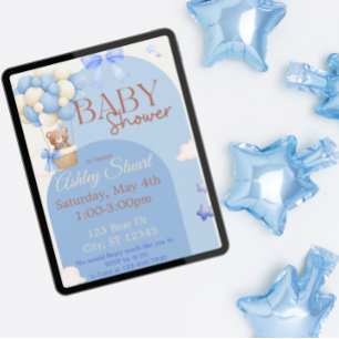 Invitation Bleu avec un Ours dans un baby shower à montgolfiè
