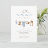 Invitation Bleu Baby Clothesline Petit Baby shower Cowboy (Debout devant)