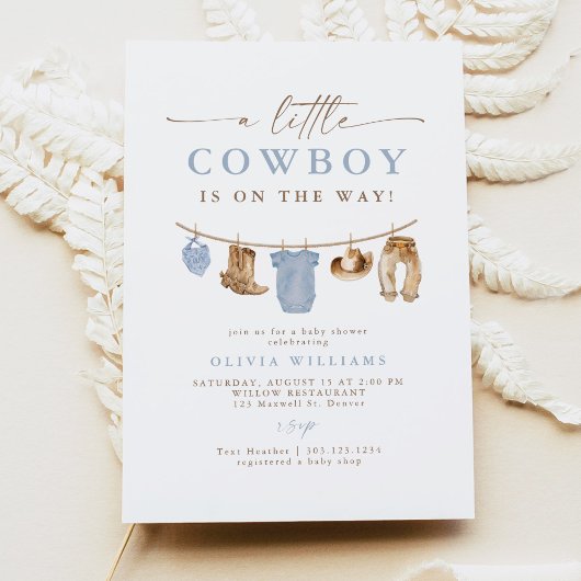 Invitation Bleu Baby Clothesline Petit Baby shower Cowboy