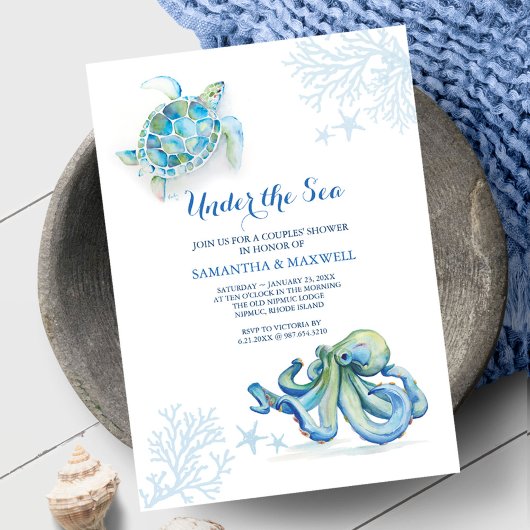 Invitation Bleu baby shower Sous La Mer Aquarelle Côtière