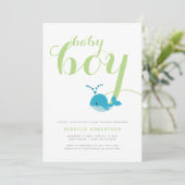 Invitation Bleu baleine vert typographie bébé garçon douche (Debout devant)