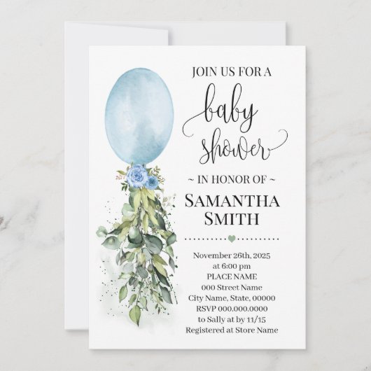 Invitation Bleu Balloon Eucalyptus baby shower verdoyant (Devant)