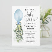 Invitation Bleu Balloon Eucalyptus baby shower verdoyant (Debout devant)