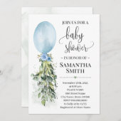 Invitation Bleu Balloon Eucalyptus baby shower verdoyant (Devant / Derrière)