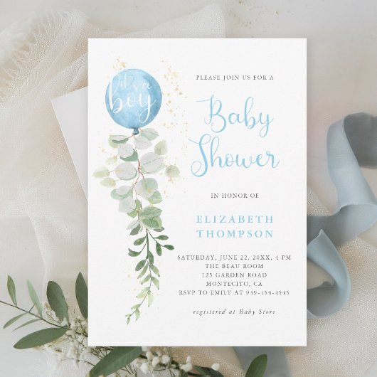 Invitation Bleu Balloon Eucalyptus Élégant Baby shower garçon