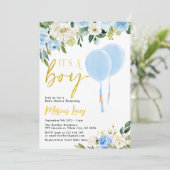 Invitation Bleu Balloon vert Baby shower "C'est un garçon" (Debout devant)