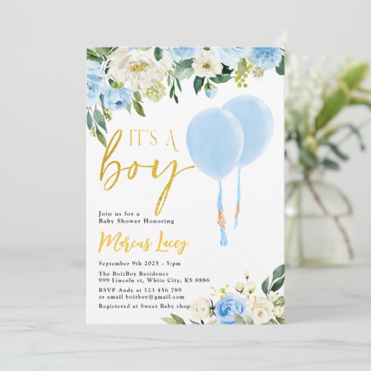 Invitation Bleu Balloon vert Baby shower "C'est un garçon" (Debout devant)