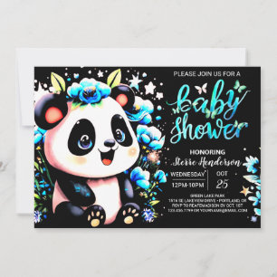 Invitation Bleu Bamboo Panda Dreamland Baby shower garçon