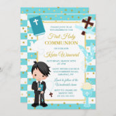 Invitation Bleu bande noir Cheveux garçon première communion (Devant / Derrière)