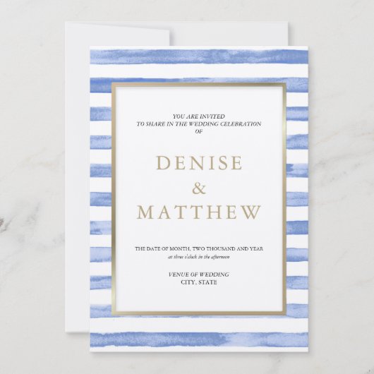 Invitation Bleu barbeau aquarelle rayure et lettrage doré (Devant)