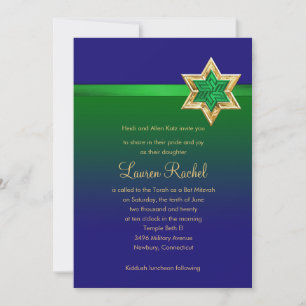 Invitation Bleu bat mitzvah et Ombre vert étoile au ruban