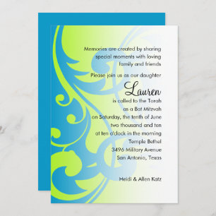 Invitation Bleu bat mitzvah et vert Fils contemporains