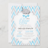 Invitation Bleu bébé, éléphant gris blanc Baby shower 2 (Devant)