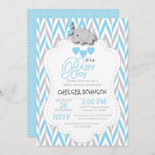 Invitation Bleu bébé, éléphant gris blanc Baby shower 2 (Devant / Derrière)