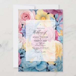 Invitation Bleu bébé, jaune beurre, mariage rose pastel