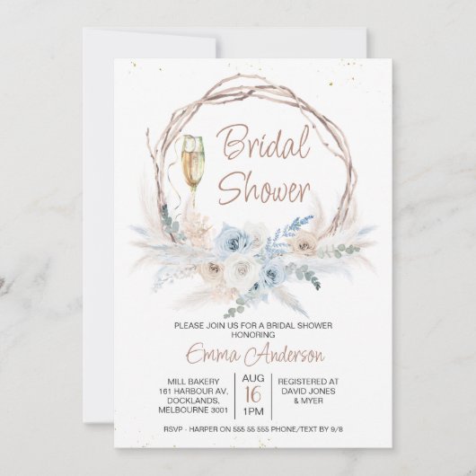 Invitation Bleu Beige Boho Floral Pampas Grass Fête des marié (Devant)