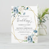 Invitation Bleu Beige Élégant Mariage de cadre Floral Or (Debout devant)