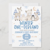 Invitation Bleu Beige hiver Onederland Anniversaire Invitatio (Devant)