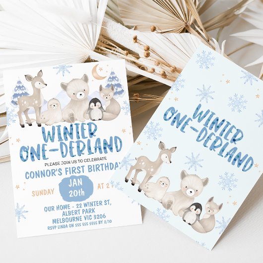 Invitation Bleu Beige hiver Onederland Anniversaire Invitatio