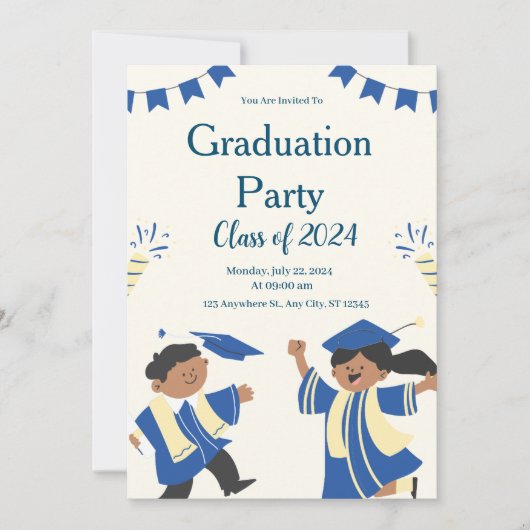 Invitation Bleu beige Illustrative Graduation Party pour enfa (Devant)