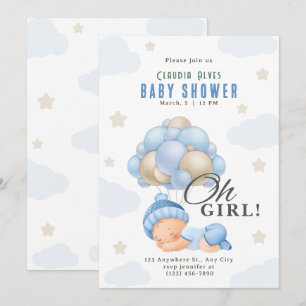 Invitation Bleu Beige moderne fille avec baby shower Ballons
