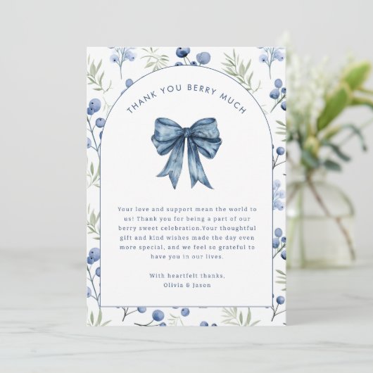 Invitation Bleu Berry Baby shower doux Merci (Debout devant)