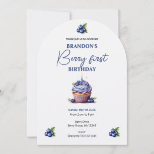Invitation Bleu Berry Premier anniversaire aquarelle photo pe