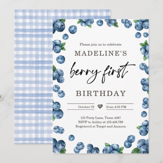 Invitation Bleu Berry Sweet 1er premier anniversaire (Devant / Derrière)