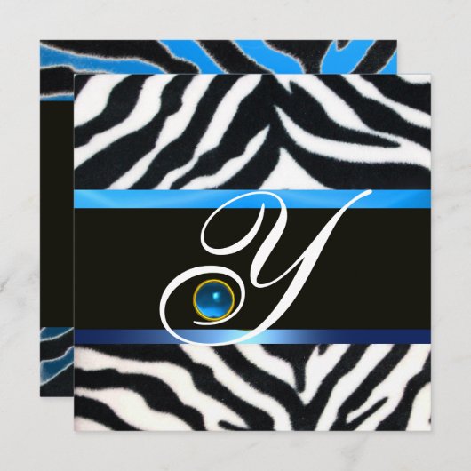 Invitation BLEU BLACÉ BLANC ZEBRA MONOGRAM DE FOUR, Sapphire (Devant / Derrière)