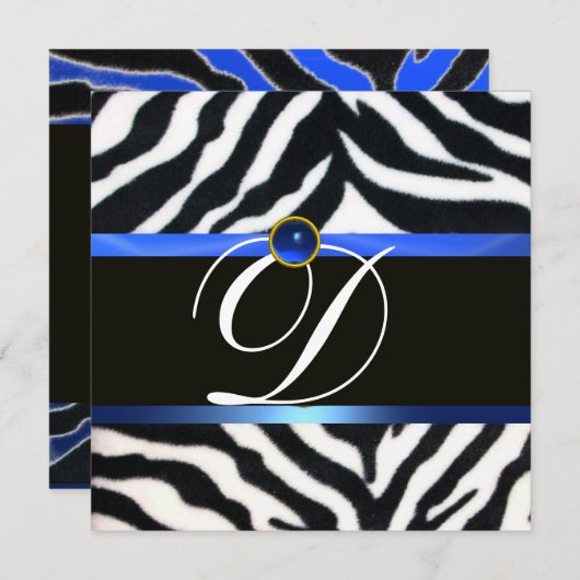 Invitation BLEU BLACÉ BLANC ZEBRA MONOGRAM DE FOUR, Sapphire (Devant / Derrière)