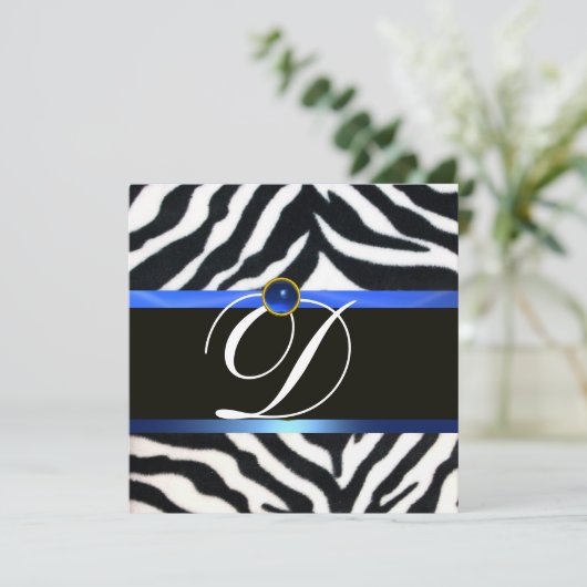 Invitation BLEU BLACÉ BLANC ZEBRA MONOGRAM DE FOUR, Sapphire (Debout devant)