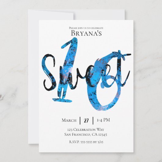 Invitation Bleu Black Argent Doux 16 Anniversaire (Devant)