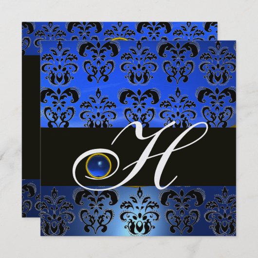 INVITATION BLEU BLACK DAMASK MONOGRAM SAPPHIRE GLACE BLANCHE (Devant / Derrière)