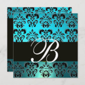 Invitation BLEU BLACK DAMASK MONOGRAM, turquase blanche (Devant / Derrière)