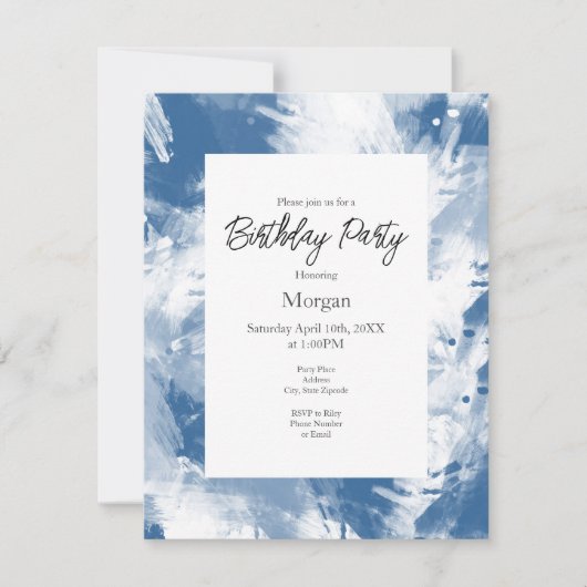 Invitation Bleu Blanc Abstrait Brosses modernes (Devant)