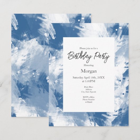 Invitation Bleu Blanc Abstrait Brosses modernes (Devant / Derrière)