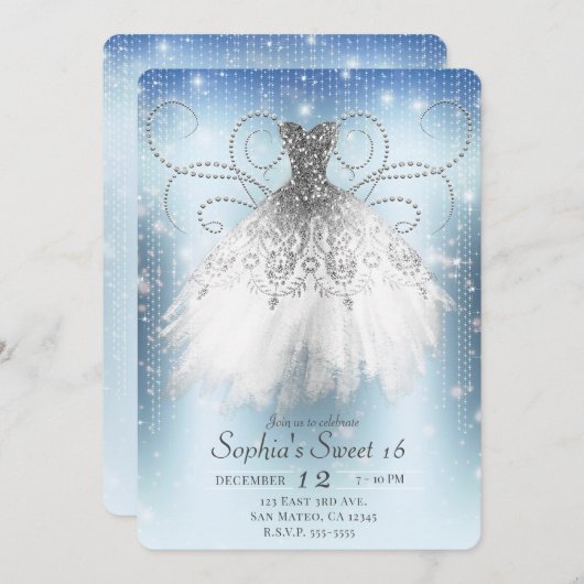 Invitation Bleu blanc Argent Princesse Robe Douce 16 Partie (Devant / Derrière)