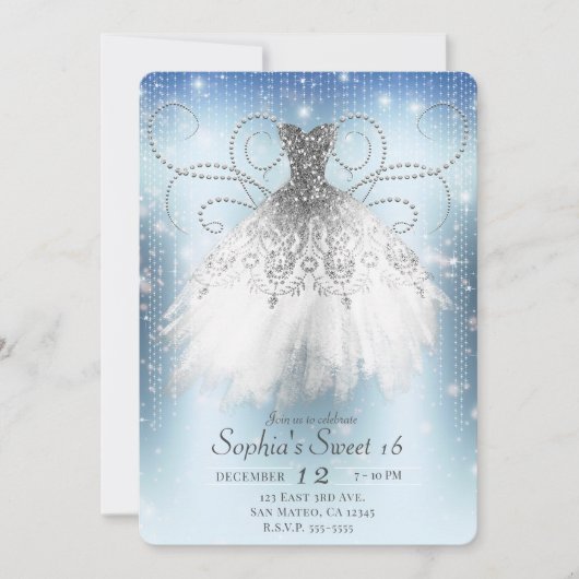 Invitation Bleu blanc Argent Princesse Robe Douce 16 Partie (Devant)