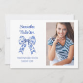 Invitation Bleu Blanc Bow Graduation Party Photo (Devant)