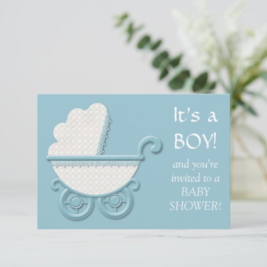 Invitation Bleu blanc Buggy bébé garçon douche (Debout devant)