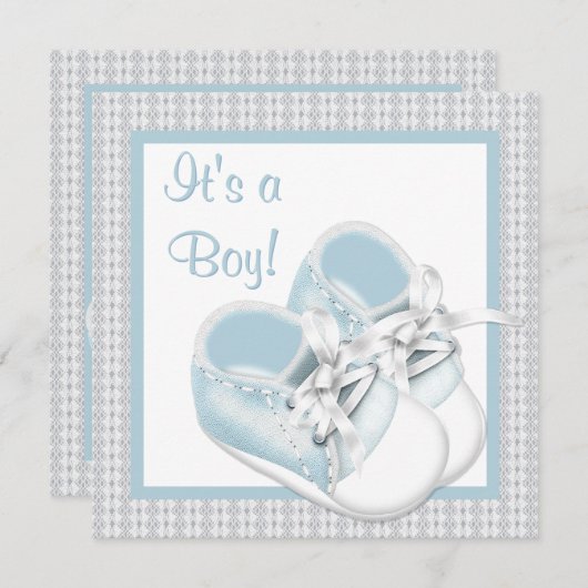 Invitation Bleu Blanc Chaussures Bleu Dentelle Bébé Garçon Do (Devant / Derrière)
