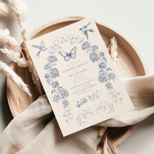 Invitation Bleu Blanc Chinoiserie Floral Porcelaine Mariage