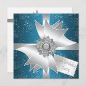 Invitation Bleu Blanc Diamant Bow femmes 60e fête d'anniversa (Devant / Derrière)