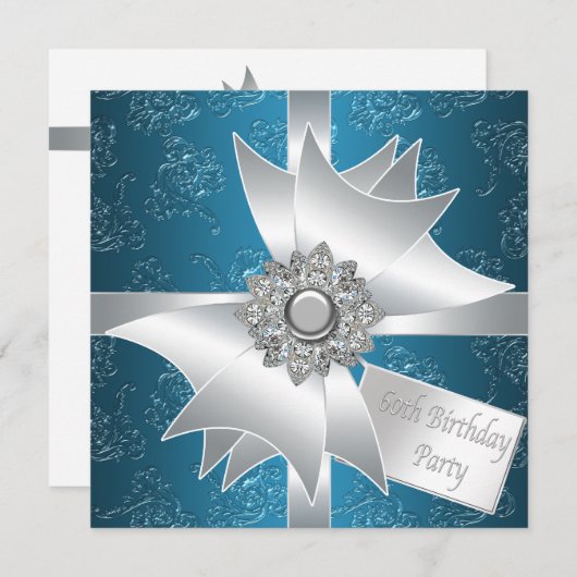 Invitation Bleu Blanc Diamant Bow femmes 60e fête d'anniversa (Devant / Derrière)