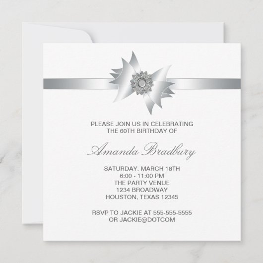Invitation Bleu Blanc Diamant Bow femmes 60e fête d'anniversa (Dos)