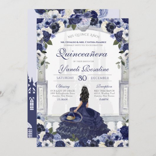 Invitation Bleu Blanc Elégant Charro Princesse Quinceanera (Devant / Derrière)