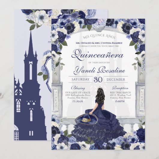 Invitation Bleu Blanc Elégant Charro Princesse Quinceanera (Devant / Derrière)