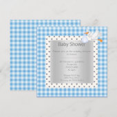 Invitation Bleu Blanc En vichy bébé douche simple cigogne (Devant / Derrière)
