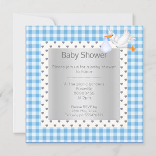 Invitation Bleu Blanc En vichy bébé douche simple cigogne